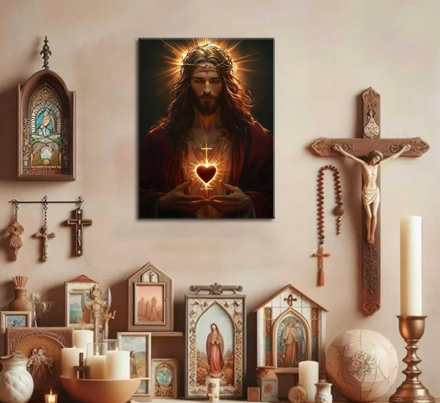 Sacred Heart of Jesus Canvas Wall Art Religious Christian Poster Print Christ Jesus Portrait Picture Wall Decor Catholic Faith Painting for Bedroom Living Room Prayer Room Church Framed
