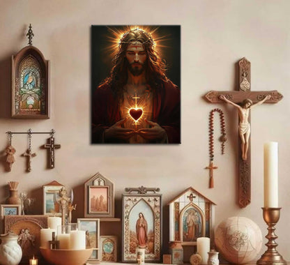 Sacred Heart of Jesus Canvas Wall Art Religious Christian Poster Print Christ Jesus Portrait Picture Wall Decor Catholic Faith Painting for Bedroom Living Room Prayer Room Church Framed