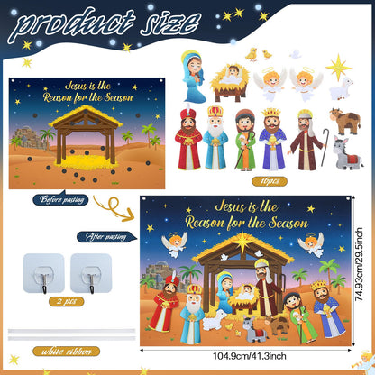 Tiamon Felt Christmas Tree for Kids Nativity Story Board Set Advent DIY Religious Nativity Scene with 17 Pcs Detachable Wall Ornaments Felt Board Craft Gift for Toddler Classroom Door Wall Decor