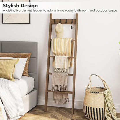 HOOBRO Blanket Ladder for Living Room and Bedroom, Standing Towel Rack, Decorative Ladder Shelf, Wall Leaning Farmhouse Blanket Storage, Towel Rack, Bathroom, 02LB01-51CJ01G1