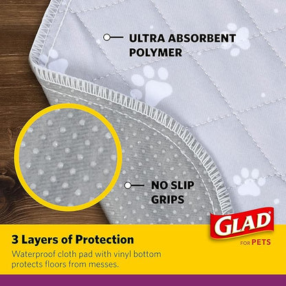 Glad for Pets Washable Dog Pee Pads, Medium, 24 x 36 Inch, 2 Count, Gray with Paw Prints, 3-Layer Leak Protection, No-Slip Vinyl Bottom, Reusable Puppy Training Pads (Pack of 2)