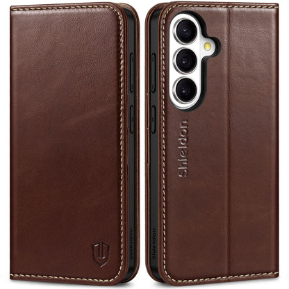 SHIELDON Case for Galaxy S26 Plus 2026, Genuine Leather Wallet Case, RFID Blocking Credit Card Holder Kickstand Magnetic Folio Protective Cover Compatible with Galaxy S26+ 6.7" - Retro Coffee