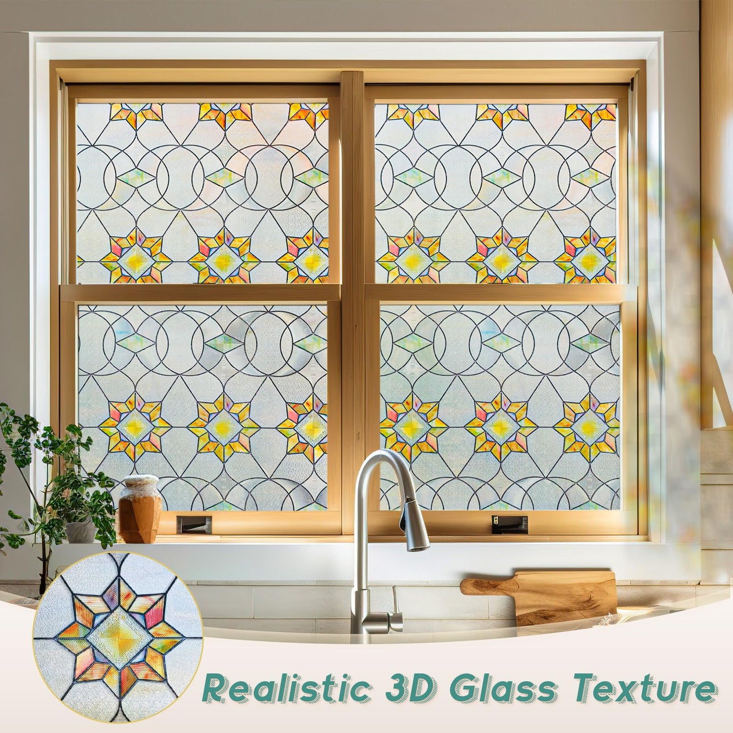 Oxdigi 3D Stained Glass Window Film - Static Cling Privacy Protection & UV Blocking, Floral Geometry Pattern 23.6x35.4 (No Residue, Reusable)