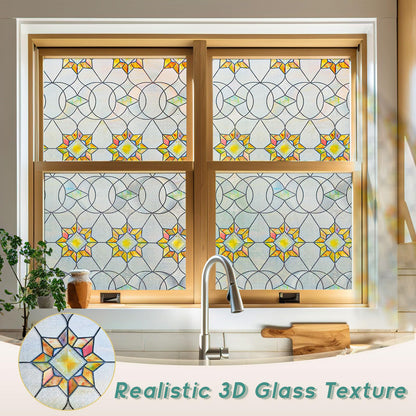 Oxdigi 3D Stained Glass Window Film - Static Cling Privacy Protection & UV Blocking, Floral Geometry Pattern 23.6x35.4 (No Residue, Reusable)