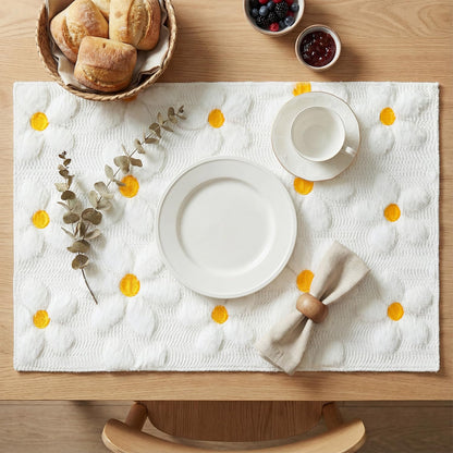 Artoid Mode White Daisy Embroidery Spring Placemats Set of 4, 12x18 Inch Soft Plush Faux Fur Wool Holiday Table Mats for Party Kitchen Dining Decoration