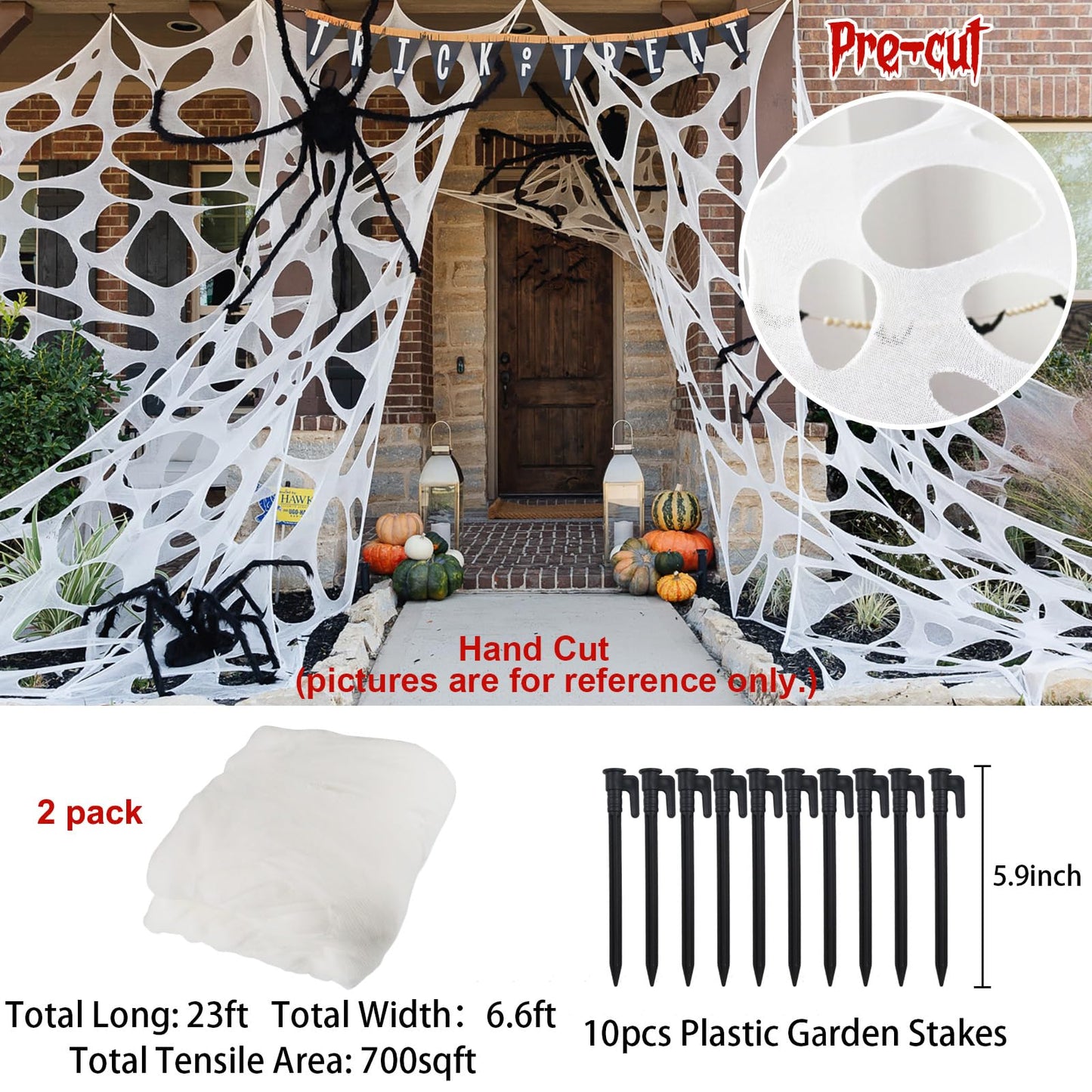 CESOF 2 Pack Giant Spider Web Halloween Decorations Outdoor, Pre-Cut Beef Netting Spiderwebs Super Stretchy DIY Spider Webbing with Stakes, Gauze Cobwebs for Haunted House Yard Garden Home Party Decor