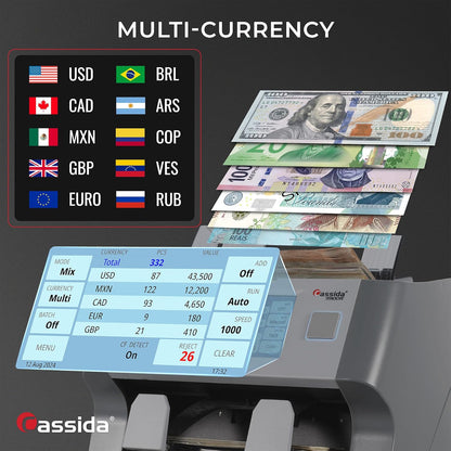 Cassida 9900R V2 2-Pocket Premium Bank Grade Money Counter Machine Mixed Denomination, Bill Sorter, Value Counting, Printer Enabled, 2 CIS, UV/MG, IR/IT Counterfeit Detection with Built-in Printer