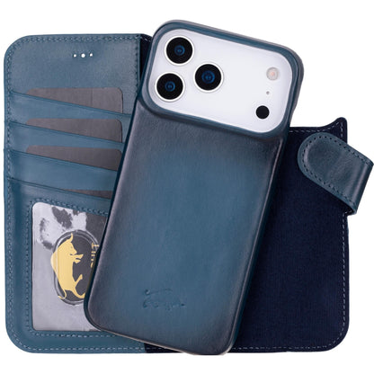 VENOULT Leather Wallet Case for iPhone 17 Pro Max, Full Grain Genuine Leather, Magnetic Detachable, 4 Card Holder, Buesiness Style, Compatible with MagSafe, RFID, Handmade (Admiral Blue)