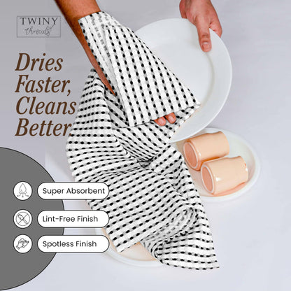 TWINY threads Waffle Kitchen Towels Set of 4, Large 16x26 Inches, 100% Cotton Absorbent Dish Cloths, Fast Dry & Machine Washable Waffle Weave Towel for Cooking, Baking & Cleaning, Black and White
