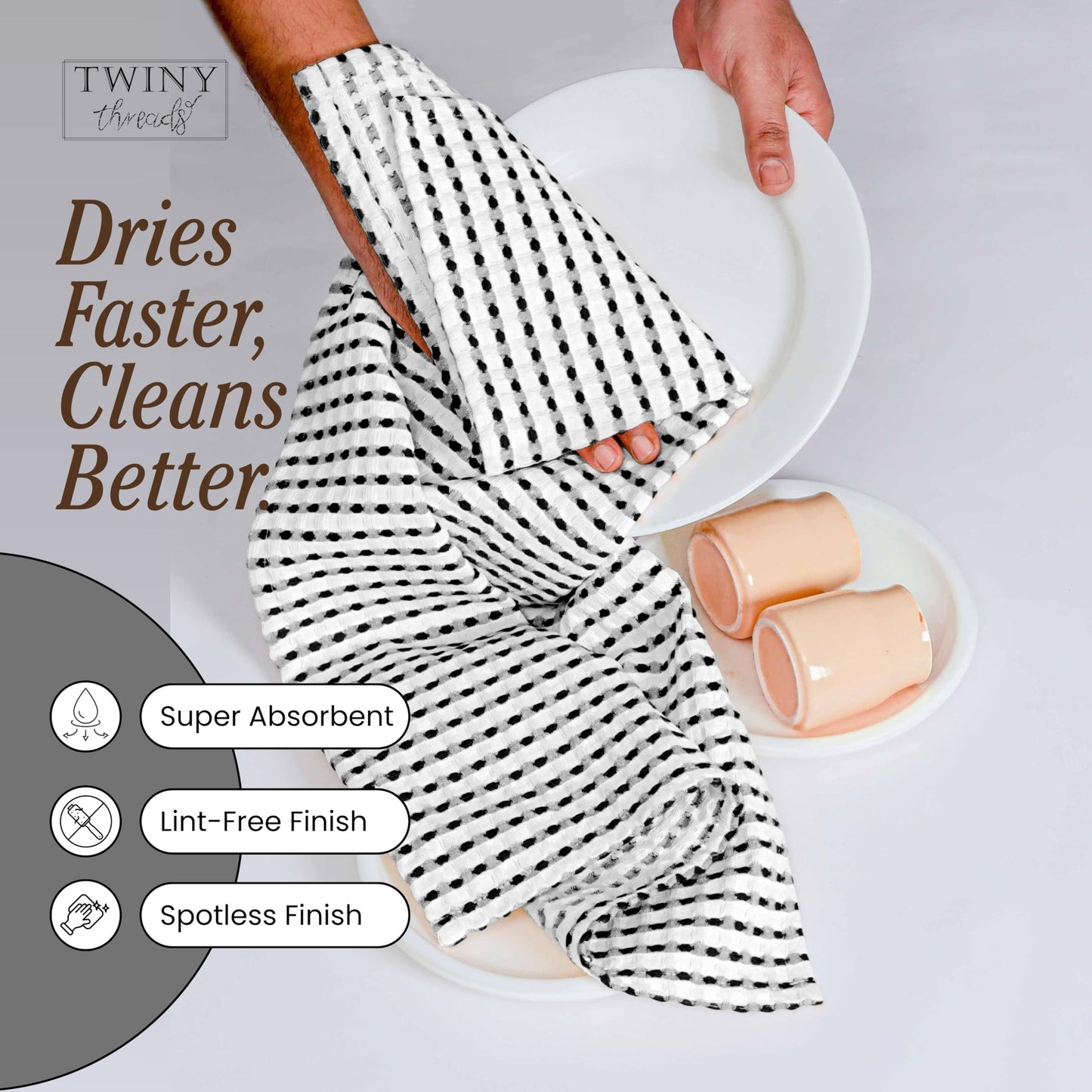 TWINY threads Waffle Kitchen Towels Set of 4, Large 16x26 Inches, 100% Cotton Absorbent Dish Cloths, Fast Dry & Machine Washable Waffle Weave Towel for Cooking, Baking & Cleaning, Black and White