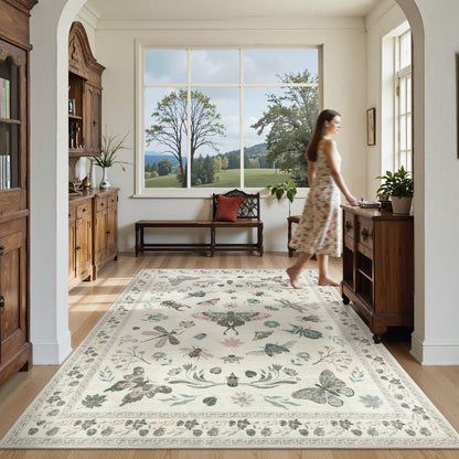 Dadasgk Insect Print Washable Rugs for Living Room, Soft 6x9 Area Rugs for Bedroom, Ultra-Thin Non Slip Nature Area Rug Low Pile Stain Resistant Throw Carpet for Dining Room Office, Beige