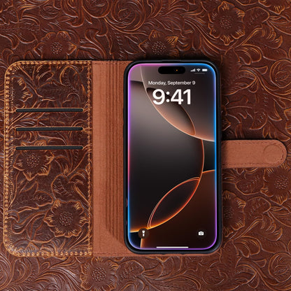 RMAWRAD Leather Case Compatible with iPhone 16 Pro Max Wallet 6.9",Genuine Leather 2in1 Magnetic Detachable Shockproof Kickstand,Flip Folio Cover with Card Slot,Wireless Charging RFID Blocking Brown