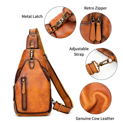 NIUCUNZH Genuine Leather Crossbody Sling Bag Handmade Classic Vintage Shoulder purse daypack Backpack Brown