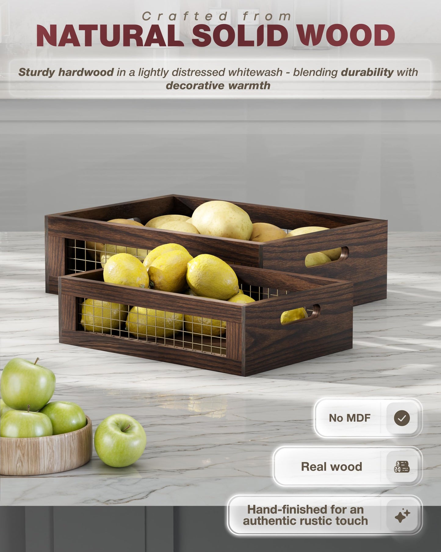 NAGAWOOD Wooden Countertop Baskets Set of 2 for Kitchen, Pantry|Wall Mount Upgrade with Full Accessories| Rustic Nesting Boxes|Wooden Organizer Crates for Vegetables, Produce, Bread