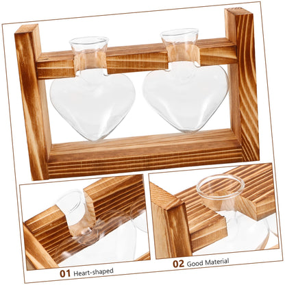 ORFOFE Heart Shape Hydroponic Terrarium Vase with Wooden Stand Glass Plant Holder for Indoor Gardening Stylish Desktop Water Planter for Home Decor