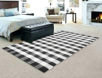 GLAMBURG Cotton Reversible Area Rug 3' x 5' Farmhouse Floor Mat, Handwoven Washable Carpet Checkered Plaid Rug for Front Porch Living Room Kitchen Bedroom - Black White