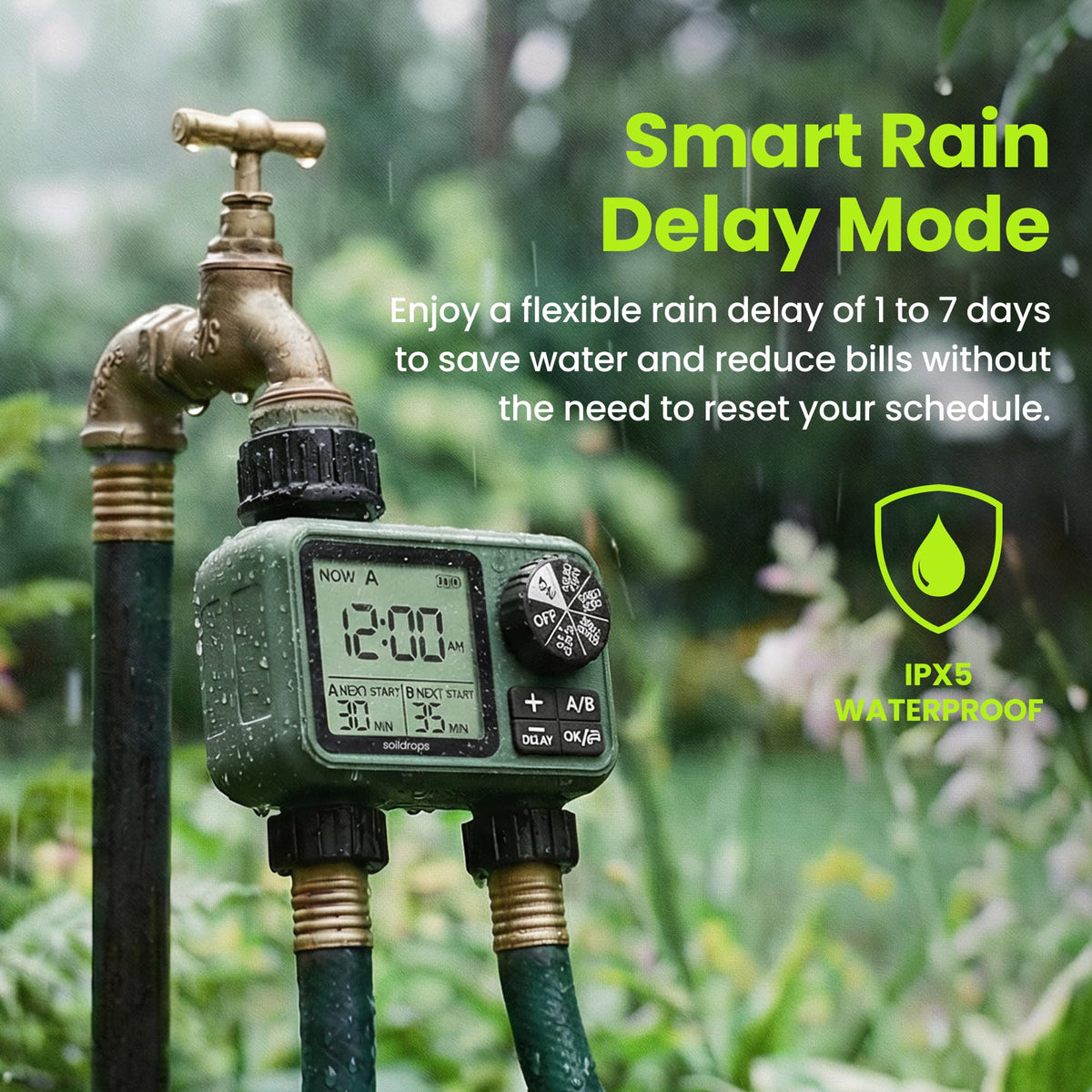 Soildrops Sprinkler Timer for Garden Hose, Programmable 1 or 2 Outlet Controller with Self-Cleaning Valve, 15-Day Frequency, Large Dial, Rain Delay & Auto-Off, IPX5