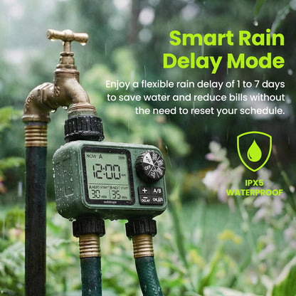 Soildrops Sprinkler Timer for Garden Hose, Programmable 1 or 2 Outlet Controller with Self-Cleaning Valve, 15-Day Frequency, Large Dial, Rain Delay & Auto-Off, IPX5