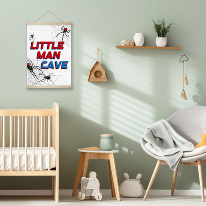 RZQIJ Spider Little Man Cave Sign Hanging Wall Flags Canvas Banner 12x16 Inch - Baby Boy Nursery Decor for Room, Bedroom, Playroom - Nursery Wall Decor - Poster Hanger Frame for Kids(036)