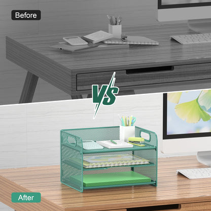 Samstar 3 Tier Green Letter Tray Paper Organizer with Handle, Mesh Desk Organizer Paper Sorter File Rack Shelves, Green
