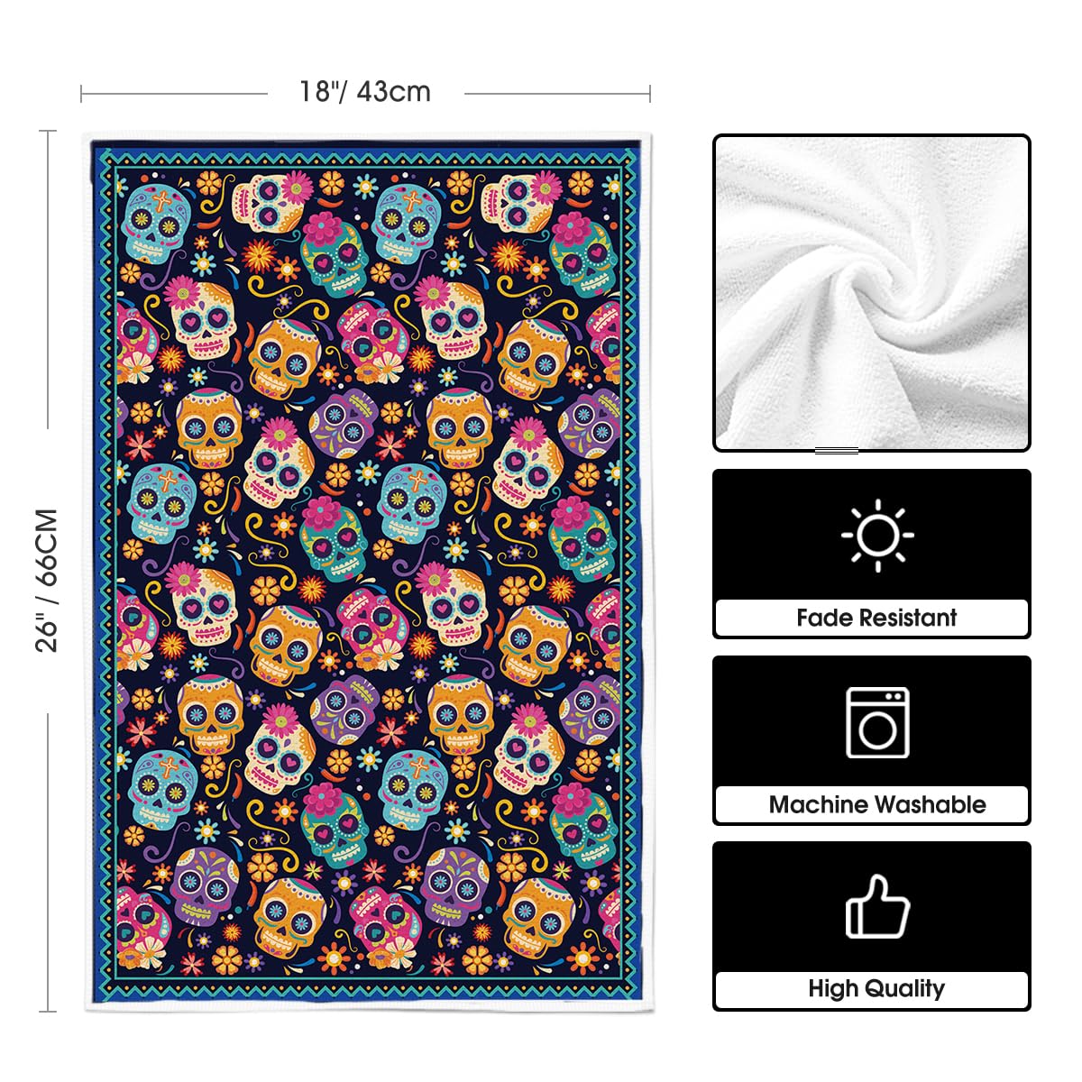 Artoid Mode Suger Skulls Floral Day of The Dead Kitchen Towels Dish Towels, 18x26 Inch Halloween Decoration Hand Towels Set of 2