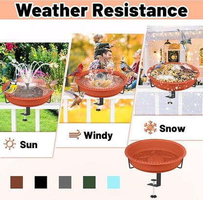 Bird Baths for Outdoors, Rustproof Metal Clamp Birdbaths & Birdfeeder with Detachable Plastic Basin, Outdoor Bird Feeding & Watering Station for Wild Birds Garden Patio Balcony (Brown)