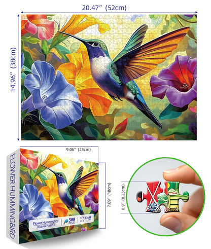 MINIWAN 500 Piece Hummingbird Flower Jigsaw Puzzle for Adults, Seniors - Puzzle with Letters on Back & Reference Poster, 23"x15" Premium Home Decor Puzzle