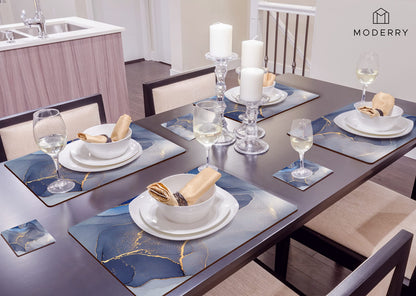 Moderry Set of 4 Heat Resistant Cork Placemats for Dining Table with Free Set of 4 Matching Drink Coasters Marble Design 16 x 12 Inches Cork Backed Hard Placemats (Blue & Gold)