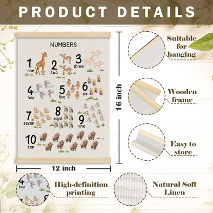 MOTERMATE Woodland Farm Nursery Number Wall Art Poster Chart, Learning Educational Canvas Poster Hanger Frame for Toddlers Classroom, Safari Nursery Wall Hanging Banner Decor for Classroom, 12x16 Inch