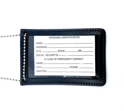 Neck Chain Double Sided ID Holder with 2 Clear Picture ID Windows, Leather Badge for Credential Pass to Wear Around The Neck for Police Law Enforcement, Business, Factory Worker (Black) (Vertical)