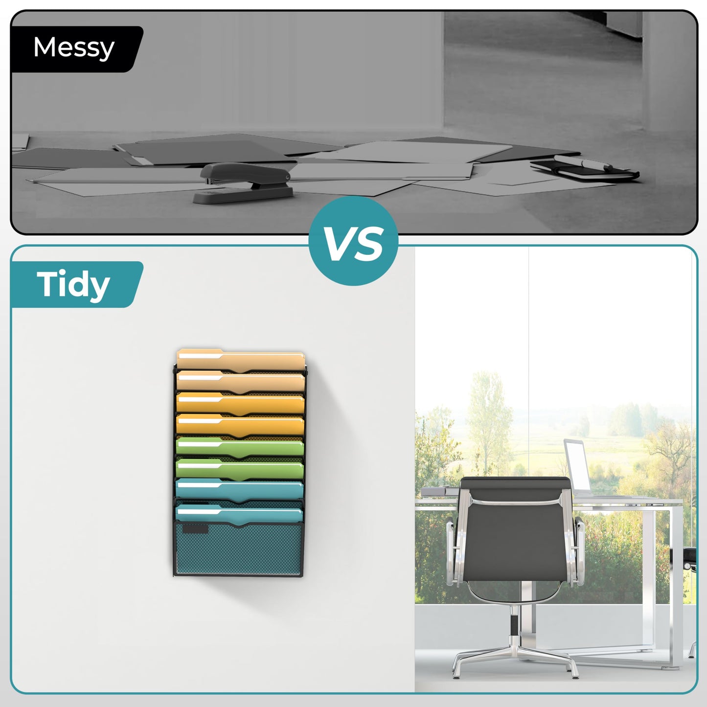 SUPEASY 8 Tier Wall File Organizer, Hanging Wall Mounted Mail Organizer with Label Slots, Metal Mesh File Holder Magazine Rack for Office, Home, School or Classroom, Black