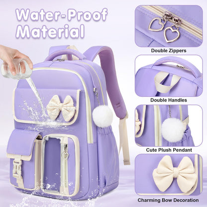GeeWin Girls Backpack for School with Lunch Box & Pencil Case Set, 17 Inch Waterproof Cute Bow Girls Bookbag for Kids, Teens, Elementary Middle High College School Student (Purple/Beige)