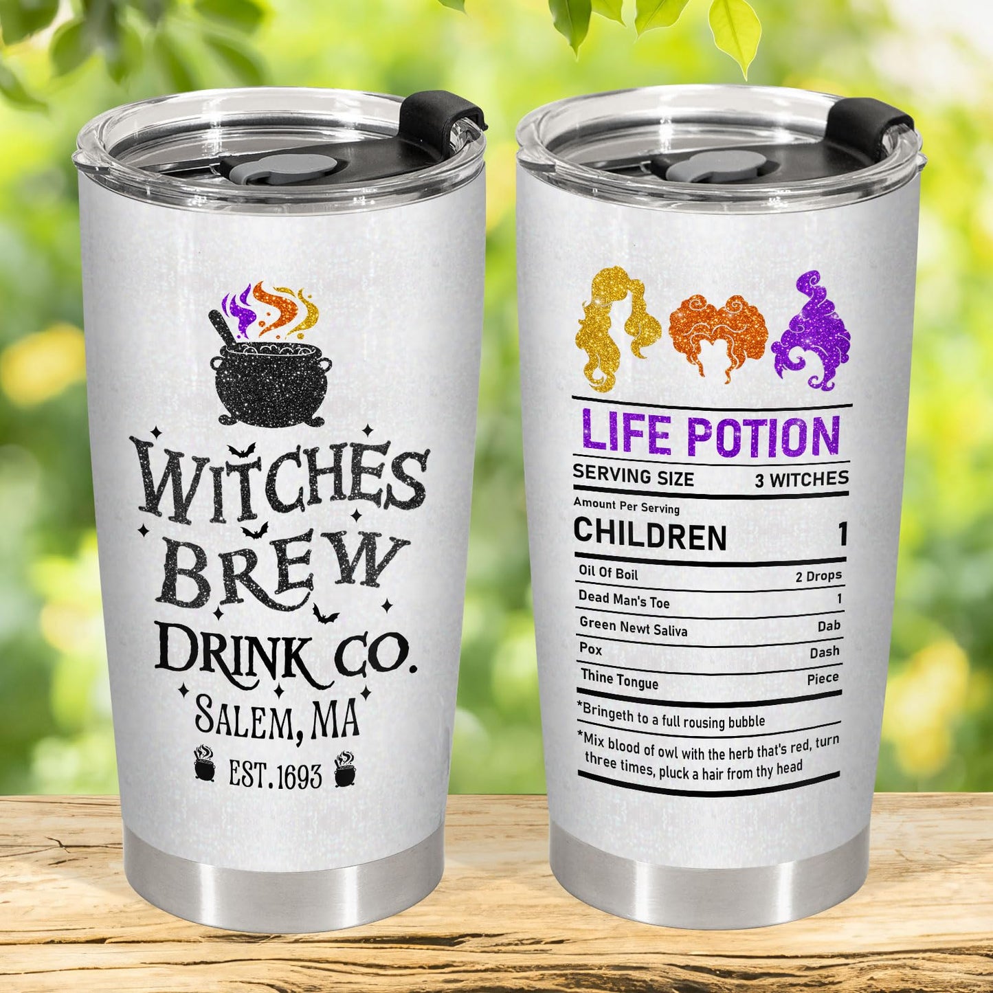 34HD Funny Witch Brew Tumbler 20oz Stainless Steel Insulated - Hocus Nutrition Facts for Halloween Fans - Birthday Present for Men & Movie Fans