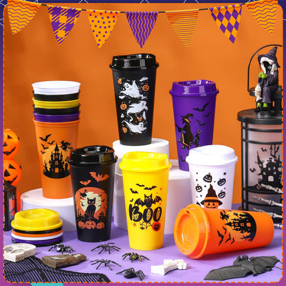 Pickmesh 12 Pack Halloween Reusable Coffee Cup Gift Bulk 16 oz Witch Bat Pumpkin Black Cat Horror Pattern Tumblers with Lid Plastic Cups Travel Coffee Mug Thank You Gifts for Hot and Cold Drinks
