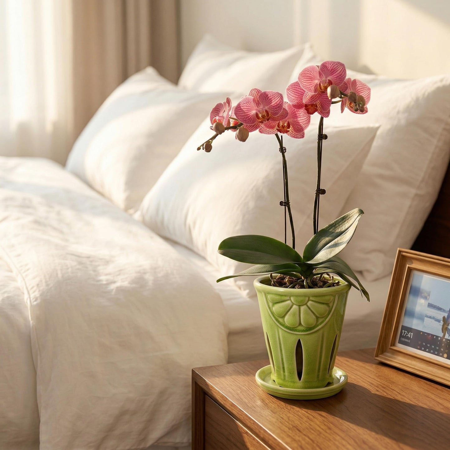 Gniliny Ceramic Orchid Pot with Slotted Holes, 5.39 Inch Crackle Glaze Apple Green Planter with Daisy Relief & Tray, Breathable Vertical Slotted Orchid Container for Repotting