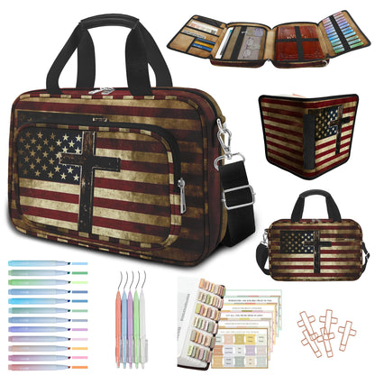 American Flag Cross Bible Cover Case for Women Men Boys, Large Bible Bag Book Carrying Case with Strap & Handle Zipper Pocket, Bible Study Supplies Journaling Kit, Highlighters and Pens Cross Clips