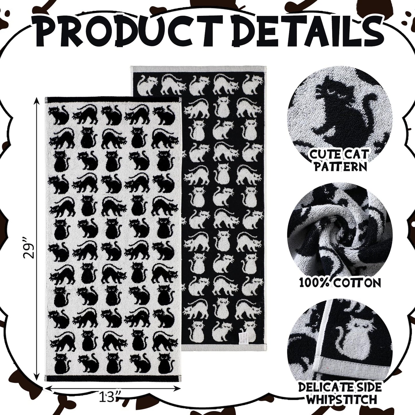 Breling 2 Pcs Cat Hand Towels Black White Cute Kitty Bathroom Towels 100% Cotton Highly Absorbent Soft Kitchen Dish Decorative Gifts for Cat Lovers Halloween Holiday Decorations, 13 x 29 Inch