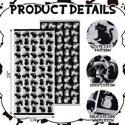 Breling 2 Pcs Cat Hand Towels Black White Cute Kitty Bathroom Towels 100% Cotton Highly Absorbent Soft Kitchen Dish Decorative Gifts for Cat Lovers Halloween Holiday Decorations, 13 x 29 Inch