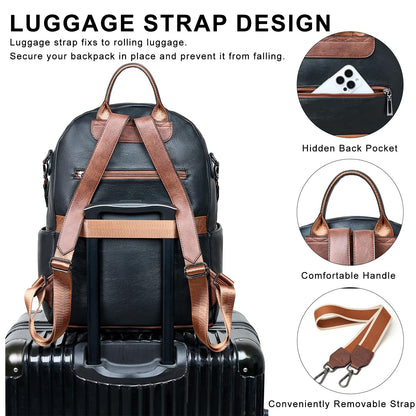 LATMAP Backpack Purse for Women Laptop Backpack, Leather Travel Backpack Shoulder Bag Teacher College Daypack Work Handbag fits 14" Laptop-Black with Brown