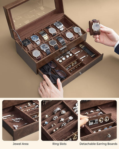 SONGMICS Watch Box, 12-Slot Watch Case Organizer with Large Glass Lid, 2 Layers, Removable Pillows, Metal Lock, Gift for Loved Ones, Brown Synthetic Leather, Brown Lining UJWB012K01