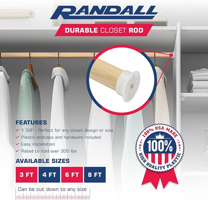 Closet Rod for Hanging Clothes, 3 FT Wood Closet Pole, 1-3/8" Thick Heavy Duty Closet Rod with Plastic Brackets & Screws, Natural Clothes Hanging Rod for Closet Organization, Made in USA