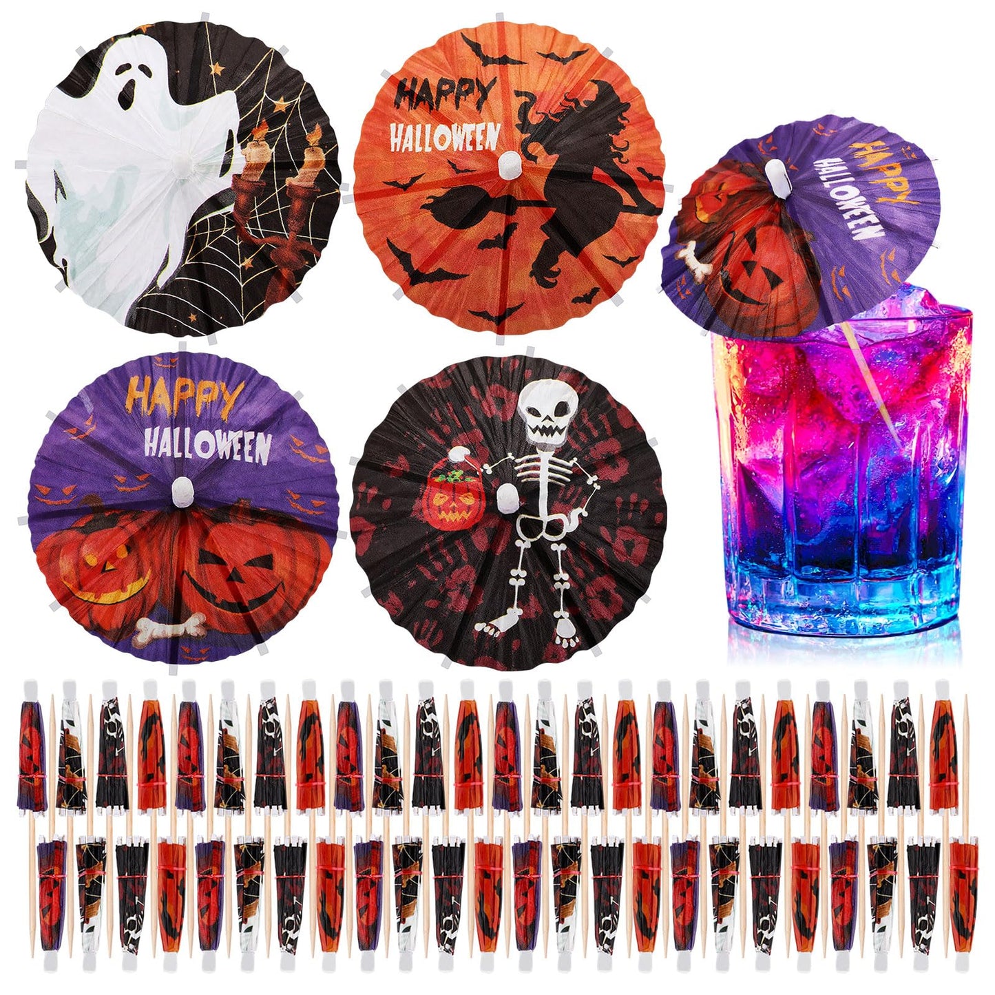 Vesici 200 Pcs Halloween Drink Umbrellas Cocktail Picks, 4 Inch Cocktail Toothpicks Appetizer Bamboo Parasol Picks for Drinks Cupcake Topper Halloween Party Restaurant Decorations (Classic)