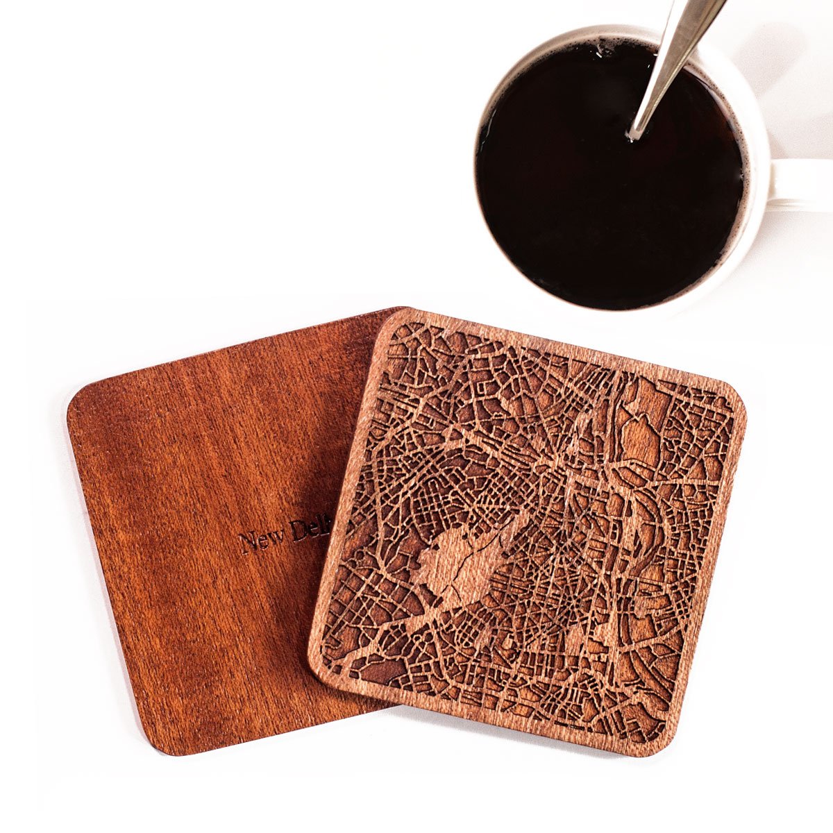 New Delhi Map Coaster by O3 Design Studio, Set Of 4, Sapele Wooden Coaster With City Map, Handmade