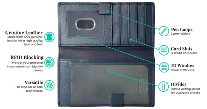 123 Cheap Checks Navy RFID Leather Checkbook Cover With Credit Card Slots and Pen Holder