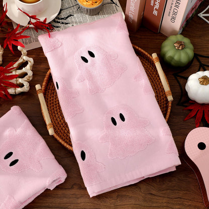 Whaline 2Pcs Halloween Hand Towel Pink 3D Ghost Jacquard Cotton Towel Absorbent Dish Towels for Kitchen Bathroom Drying Cleaning Cooking, 13.8 x 29.5 Inch