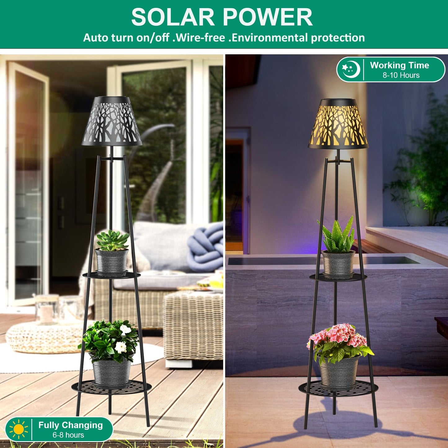 MXwcy 2-Tier Solar Plant Stand with Light, Outdoor Waterproof Floor Lamp with Tree Branch Cutout Lampshade, Tall Metal Planter Holder Display Rack for Patio, Porch, Garden, Balcony Decor (2 Pack)
