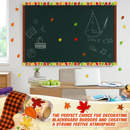 Trandraft 2 Rolls 65.6ft Fall Bulletin Board Borders Maple Leaves Rolled Bulletin Trim Orange Plaid Board Decorations Autumn Harvest Thanksgiving Party Classroom Office Wall Decor