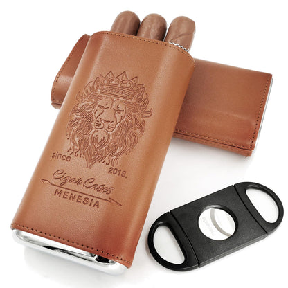 menesia Brown Cigar Case with Cutter - Portable Leather Travel Cigar Holder and Pouch Kit for Men