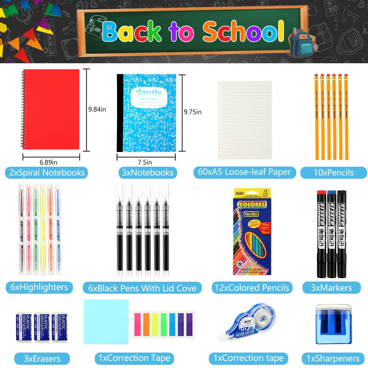 Gilprop 108 Pcs Middle High School Supplies Kit Back to School Supplies for Student 7-12 Grades Essentials Bundle Box Calculator Pencils Compass Notebook Pens(Colorful)