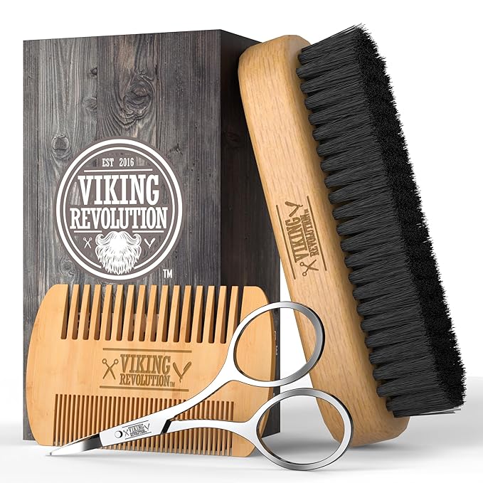 Viking Revolution Beard Comb & Beard Brush Set for Men -- Natural Boar Bristle Brush and Dual Action Pear Wood Comb w/Velvet Travel Pouch - Great for Grooming Beards and Mustaches